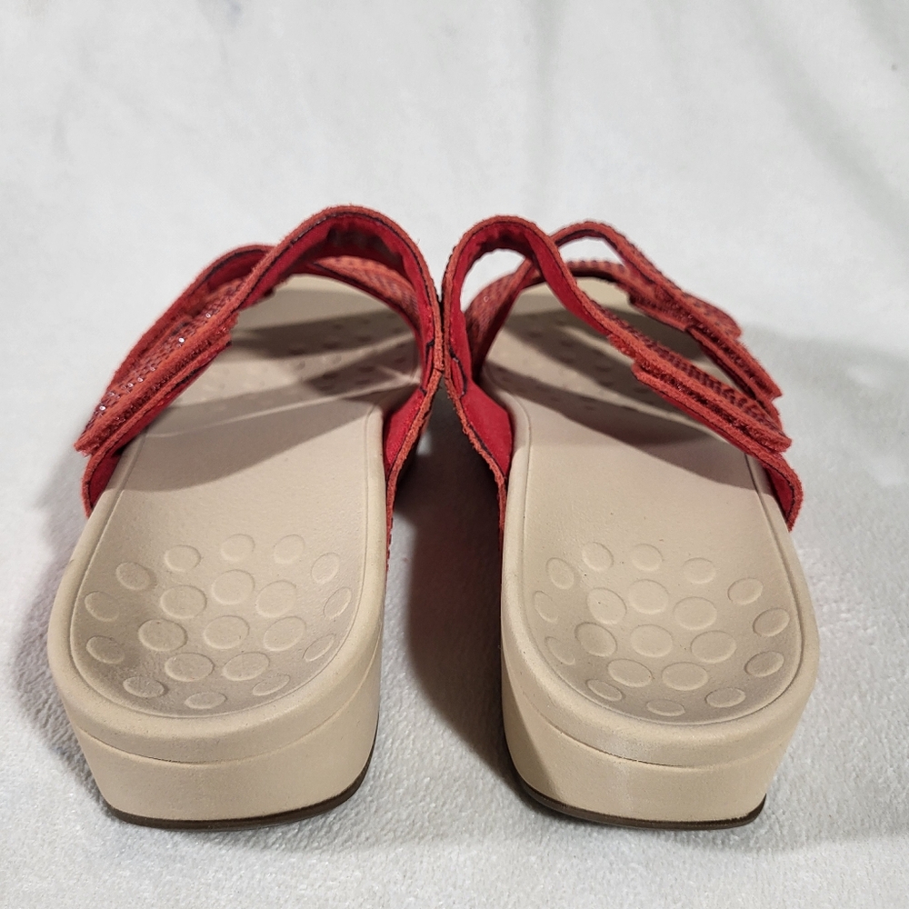 VIONIC Red Rhinestone Suede Comfort Slide Sandals Womens Size 6 Three Strap Adj - Picture 5 of 7